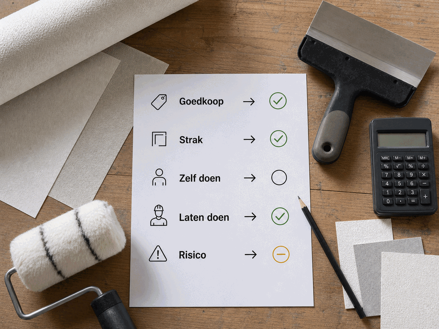 Renovlies benodigdheden met roller, lijm en calculator